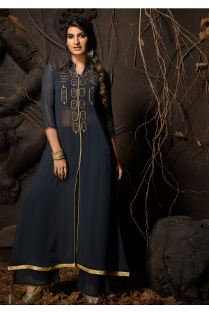 Grey Color Designer Georgette Straight Cut Kurti